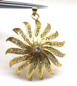 Authentic Yellow Gold Plated Sun Necklace With Cubic Zirconia Stones Steel Jewelry 2 Inch