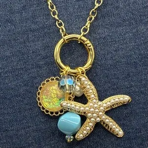 Authentic Gorgeous Vintage Sun, Sea, Sky  & Starfish Charms on Gold Plated Chain Necklace