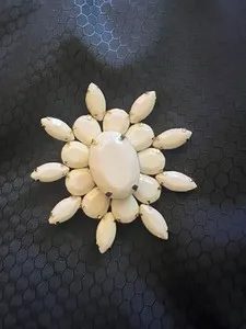Authentic Vintage Brooch Sun Starburst Pin Gold Plated Metal Cream Plastic Stones 1980s