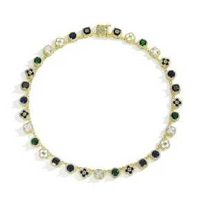 Authentic Gold-plated four-leaf clover necklace set with coloured cubic zirconia
