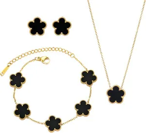 Authentic Clover Neckalce Earring Set for Women 14K Gold Plated Stainless Steel Four Leaf