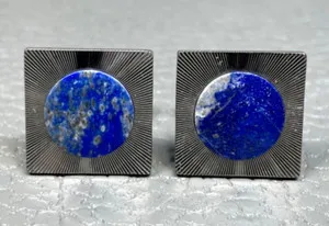Authentic Vintage Sun Rays Blue Agate White Gold Plated Cuff Links