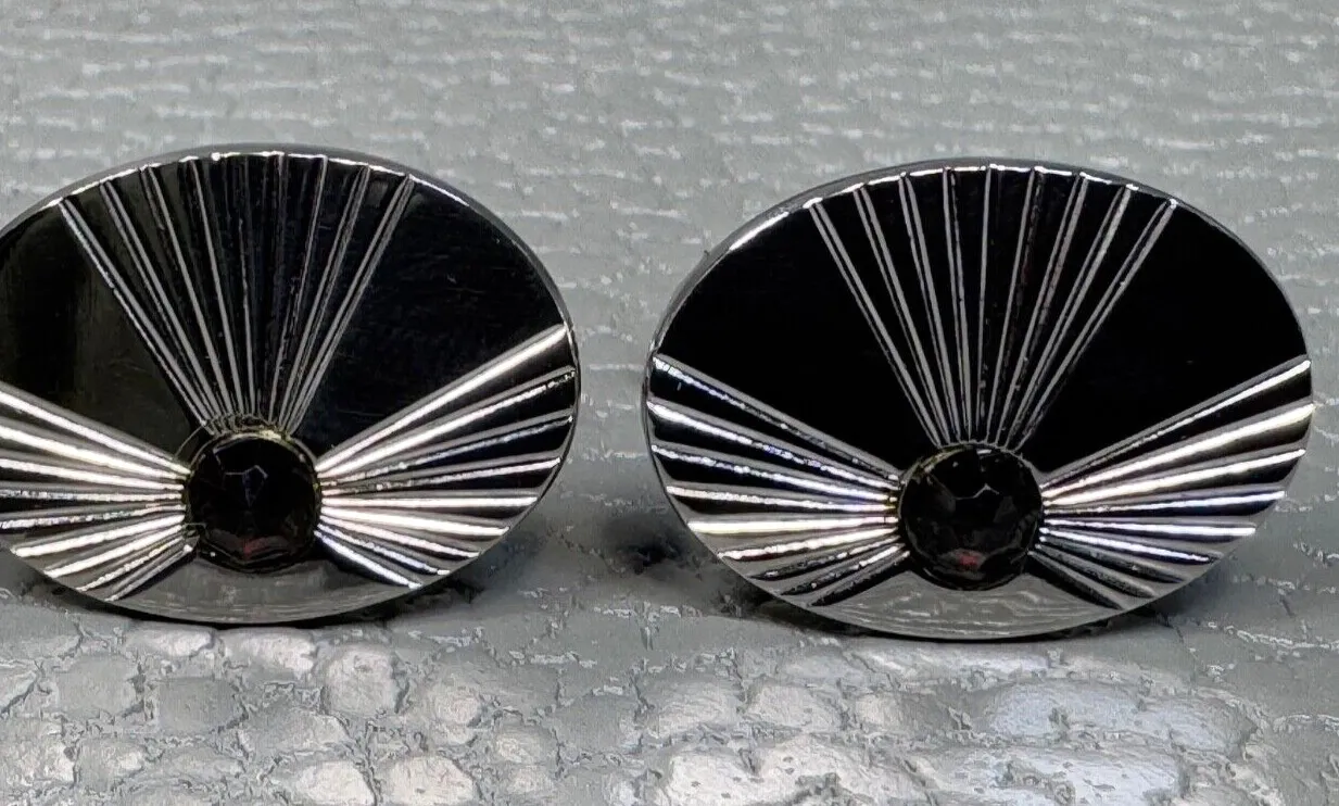 Authentic Vintage Red Stone Sun Ray Pattern White Gold Plated Cuff Links