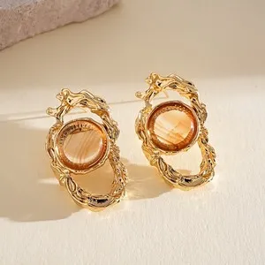 Authentic Amber Resin Twisted Frame Jewelry Set Gold Plated Women Necklace Earring Set