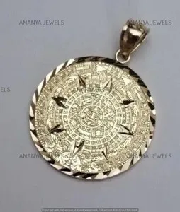 Authentic Real 14k Yellow Gold Plated Silver Mexican Aztec Calendar Calendario Sun Ma