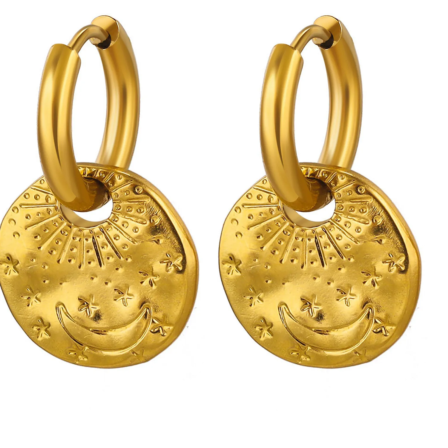 Authentic 2pcs Gold Plated Moon Sun Dis Hoop Huggie Earrings Boho Drop for Women