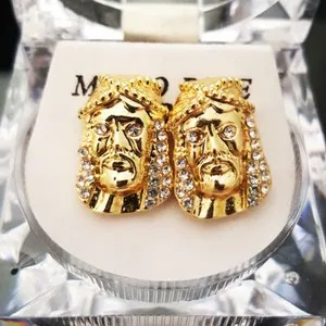 Authentic JESUS HEAD ICED HIP HOP 14K GOLD PLATED CUBIC ZIRCONA STUD EARRING EARRINGS