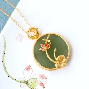 Authentic Natural Jade Pendant Lotus Pattern Green Jade with Gold Plated Necklace