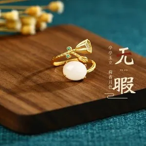 Authentic Chinese Gold Plated Lotus Seed Pod Ring Adjustable Women Elegant Gift