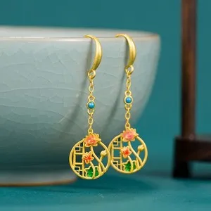 Authentic Gilded Lotus Blossom Enamel Dangle Earrings