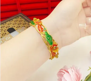 Authentic Enamel Lotus Pond Moonlight 24K Thai Baht Yellow Gold Plated Bracelet - A Mystical Journey to Serenity