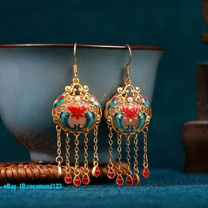 Authentic White Real Jade Lotus Earrings Stone 18K Gold Plated Carved Natural Jewelry