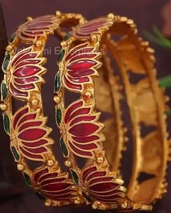 Authentic Sacred Lotus Enamel Bangles - A Mystical Ensemble for the Hands of the Divine