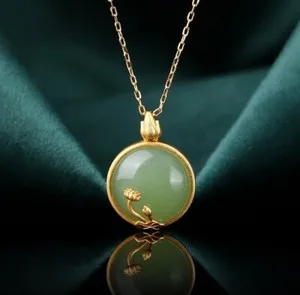 Authentic Sacred Lotus Amulet: A Vintage 925 Silver Gold-Plated Jade Pendant of Awakening and Grace