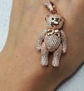 Authentic 2Ct Genuine Moissanite Men's Teddy Bear Pendant 14k Rose Gold Plated Silver