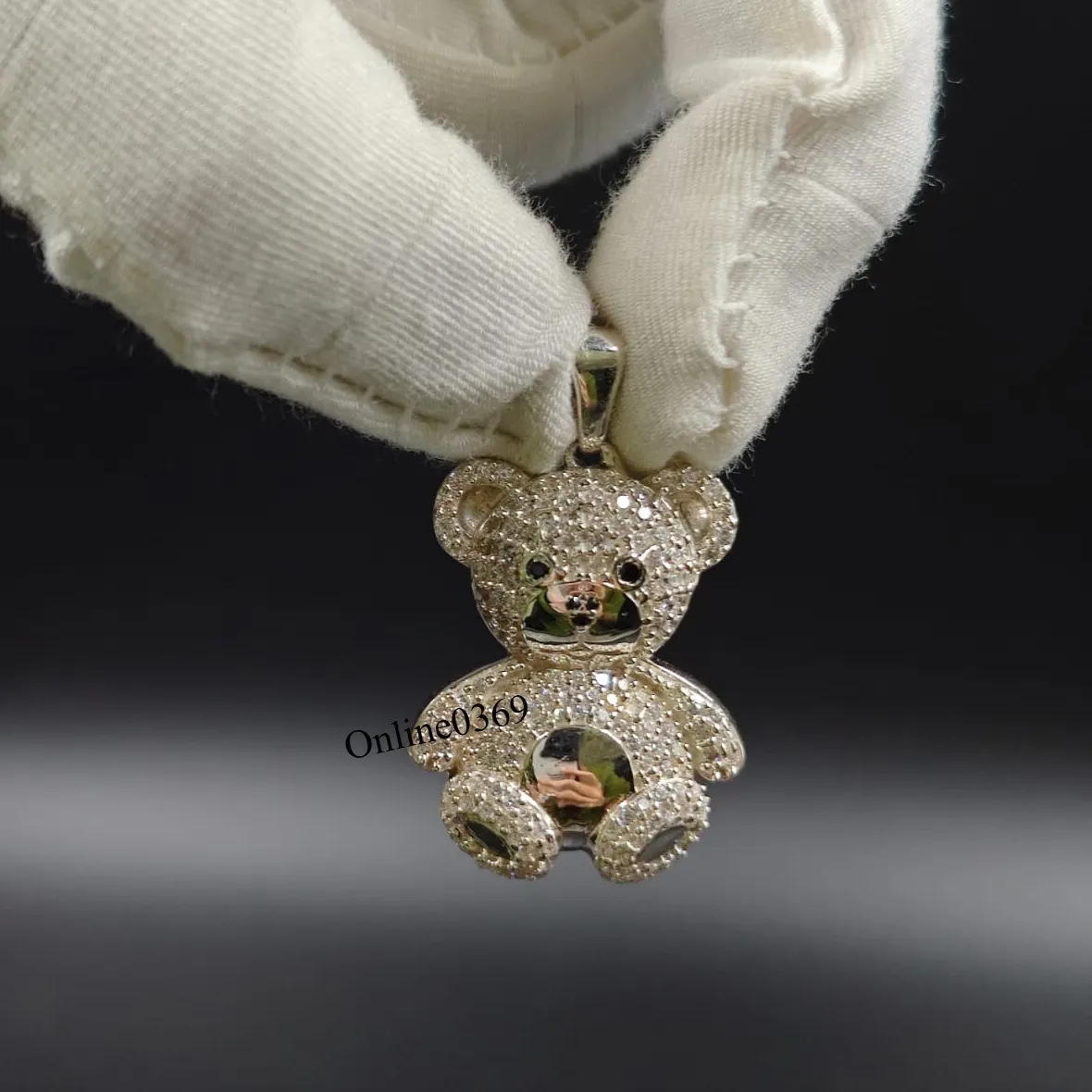 Authentic Men's Tiny Teddy Bear Pendant In Natural Diamond 14k White Gold Plated Silver
