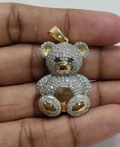 Authentic 2.00CT Round Real Moissanite Teddy Bear Charm Pendant 14K Gold Plated 925 Silver