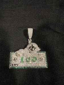 Authentic 2.60Ct Round Real Moissanite Bear With Cash Money Pendant 14K White Gold Plated