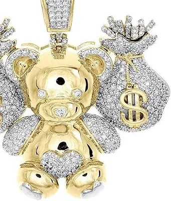 Authentic 3Ct Round Cut Moissanite Teddy Bear Money Bags Pendant 14k Yellow Gold Plated