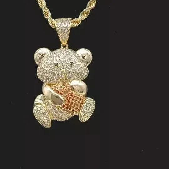 Authentic 2Ct Round Cut Real Moissanite Teddy Bear Cartoon Pendant 14K Yellow Gold Plated