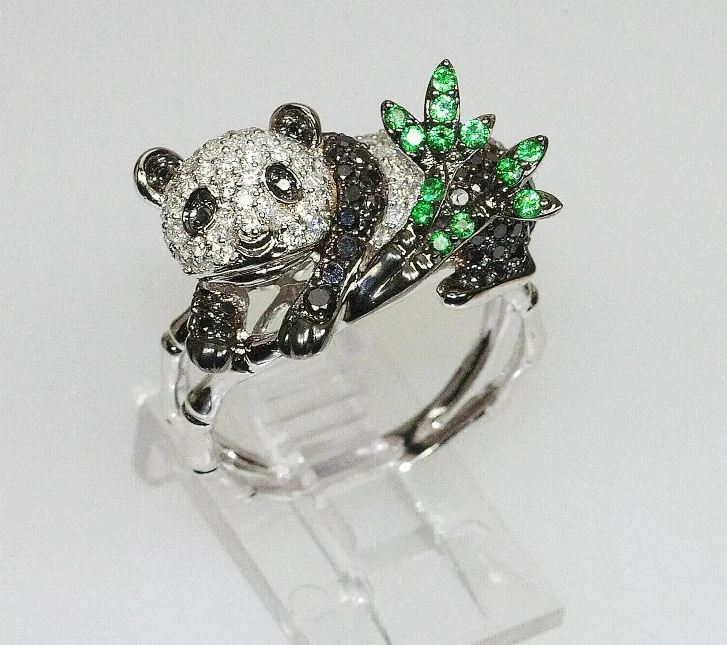 Authentic 2Ct Lab Created Black Diamond Women's Panda Bear Tree Ring 14K White Gold Plated