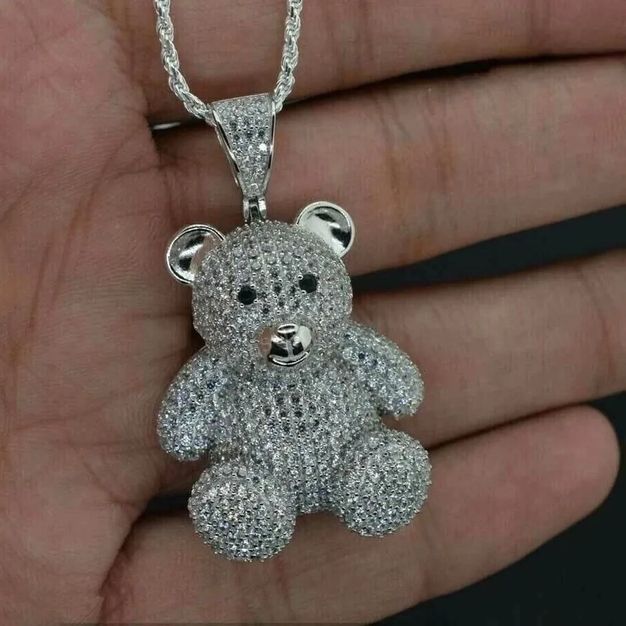 Authentic The Celestial Ursine Guardian: 4TCW Lab Created Diamond Mini Teddy Bear Pendant in Radiant 14K White Gold Plating