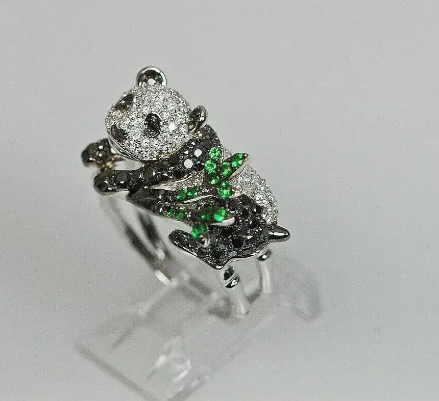Authentic 2Ct Simulated Black Diamond Women's Panda Bear Tree Ring 14K White Gold Plated