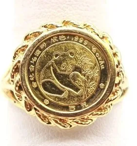 Authentic Gorgeous PANDA BEAR COIN Shape 925 Silver Beauty Ring 14K Yellow Gold Plated