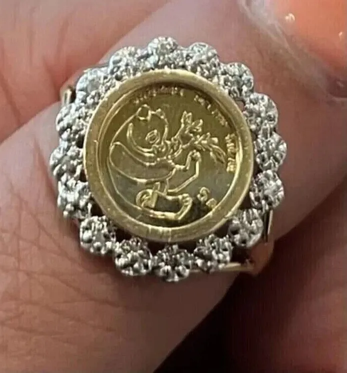 Authentic 1.60Ct Real Moissanite Chinese Panda Bear Coin Charm Ring 14K Yellow Gold Plated