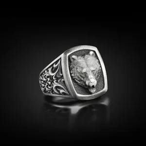 Authentic 925 Sterling Silver Nordic Bear Brown Mens Signet Ring
