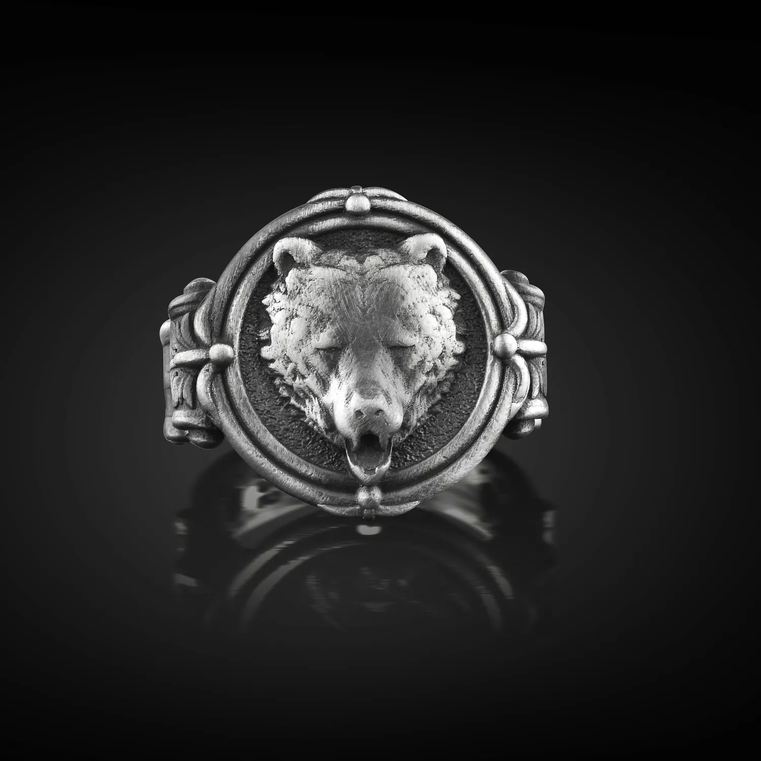 Authentic 925 Sterling Silver Bear Head Celtic Nature Mens Signet Ring