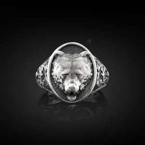 Authentic 925 Sterling Silver Viking Bear Animal Mens Signet Ring