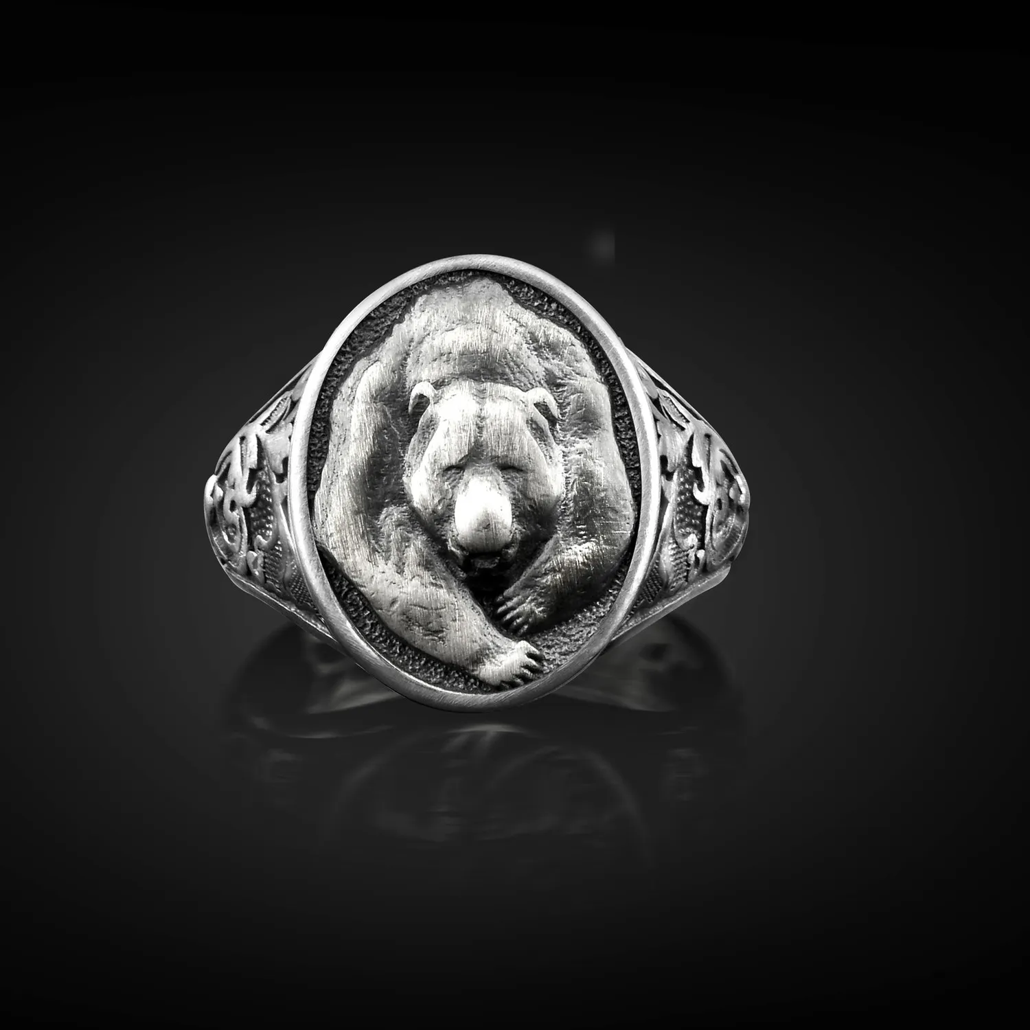 Authentic Sterling Silver Viking Bear Signet Men Ring, Engraved Nature Ring