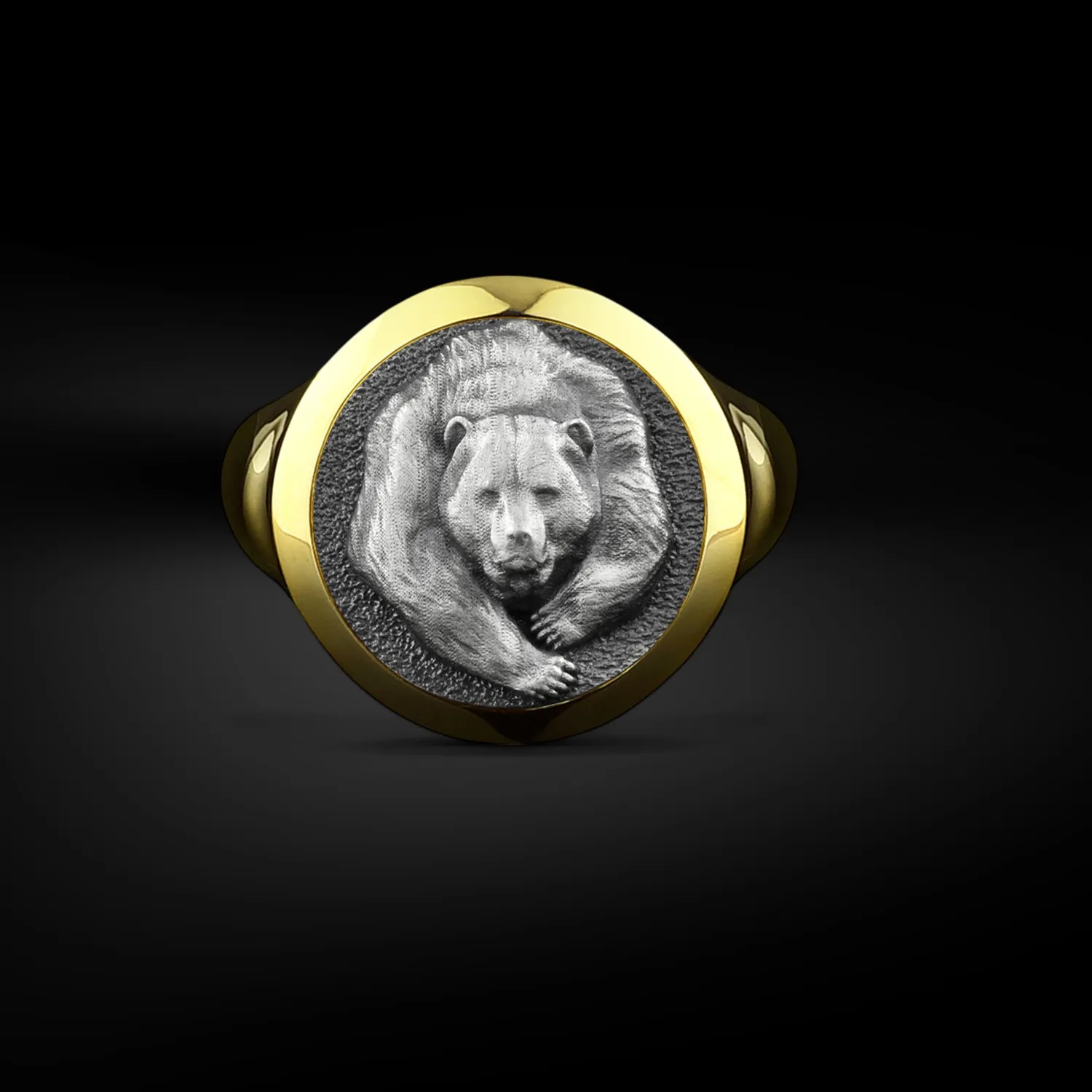 Authentic Scandinavian Grizzly Bear Signet Round Shape Men Ring, Wild Bear Animal Men