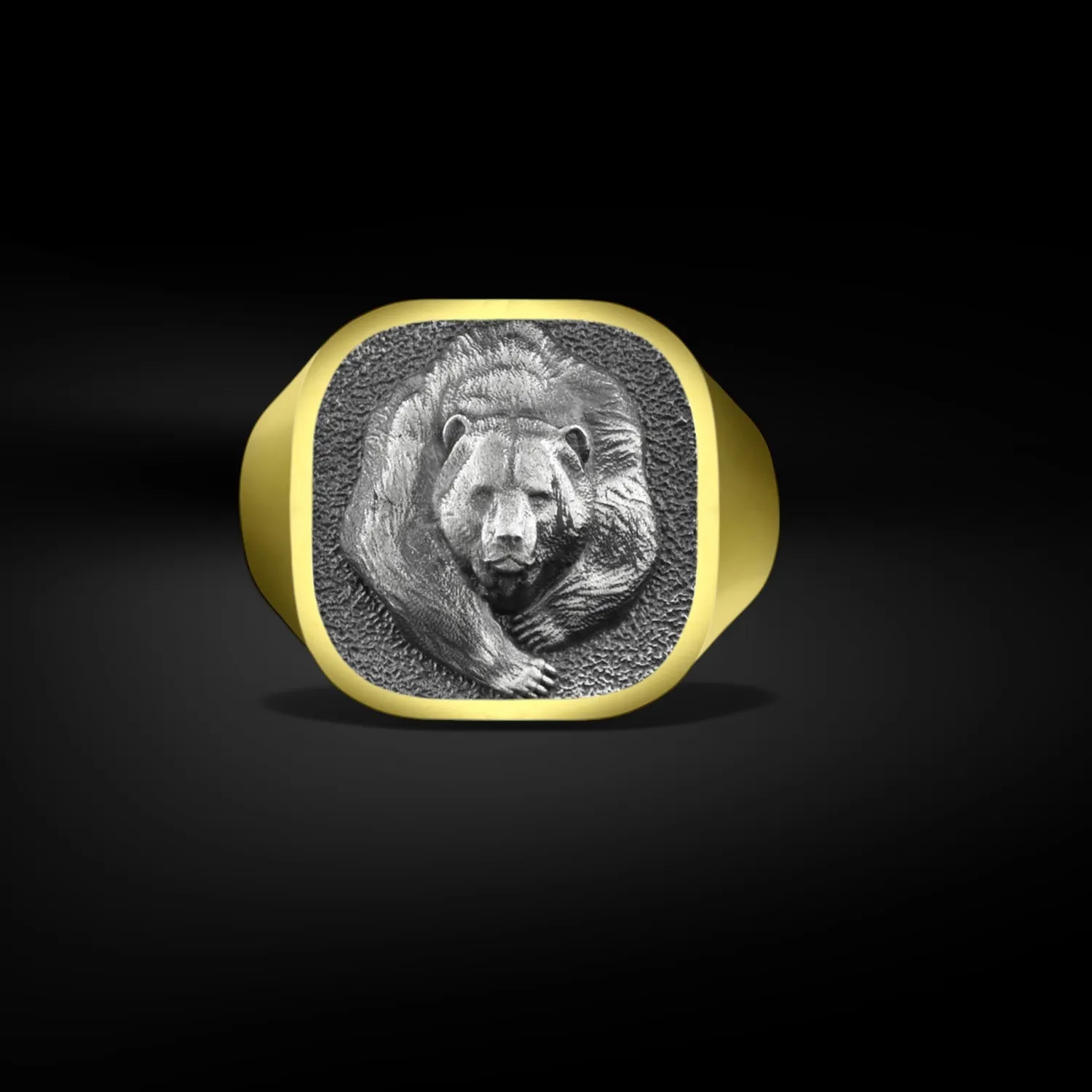 Authentic Unique Grizzly Bear Engraved Signet Ring for Men, Polished Sterling Silver