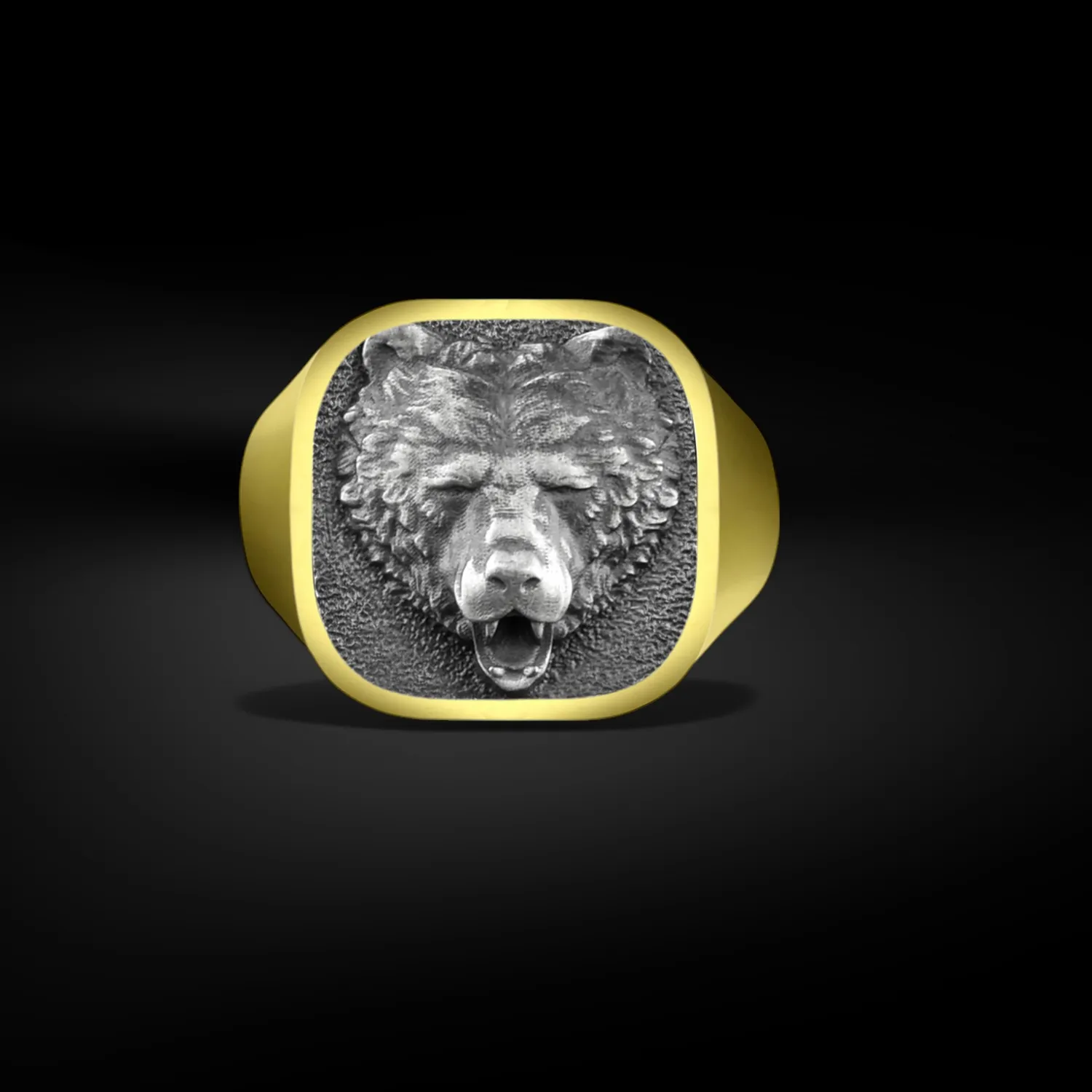 Authentic Handmade Nordic Bear 925 Silver Signet Men Ring, Bear Head Oxidized Silver
