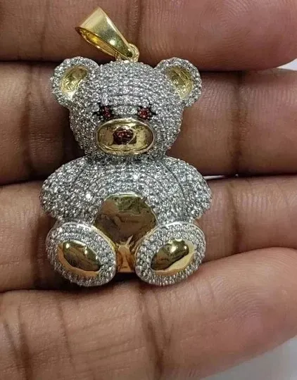 Authentic 3TCW Round Lab Created Diamond Teddy Bear Charm Pendant 14K Yellow Gold Plated