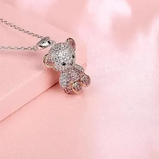 Authentic 2.20 Ct Round Cut Simulated Diamond Teddy Bear Pendant 14K White Gold Plated