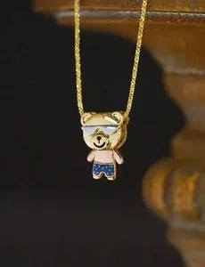Authentic Vintage Teddy Bear Attractive Charm Pendant 14K Three Tone Gold Plated 18" Chain