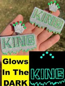 Authentic Real 925 Silver/Gold Plated Glows In The Dark KING Crown Huge Hip Hop Pendant CZ