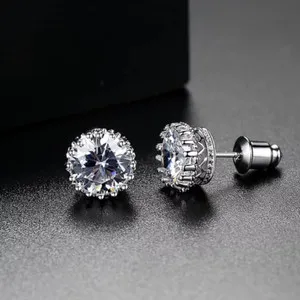 Authentic Gold Plated Crown Design Stud Earrings With High Quality 9mm CZ For Men, Women
