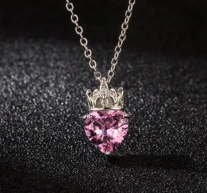 Authentic Heart-Shaped Crown Crystal CZ Gold Plated Pendant Necklace 18" Chain S5