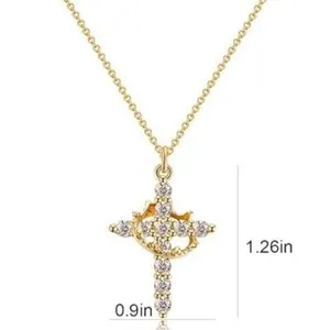 Authentic Women 14K Gold Plated Crown Cross Pendant Necklace Simple Diamond Gold Necklaces