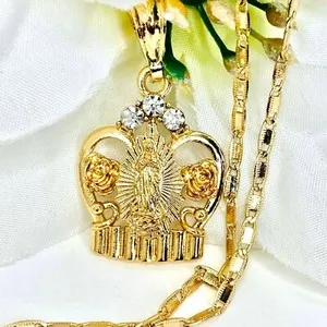 Authentic 14k Gold Plated Crown & Virgin of Guadalupe Pendant Necklace Dije Corona Oro Lam