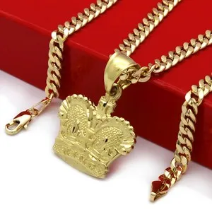 Authentic Mens 18k Gold Plated King Crown Royalty Pendant 5mm 24" Cuban Necklace Chain