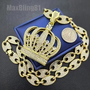 Authentic KING CROWN Gold Plated Large Pendant & 15mm 30" Iced Mariner CZ Chain Necklace