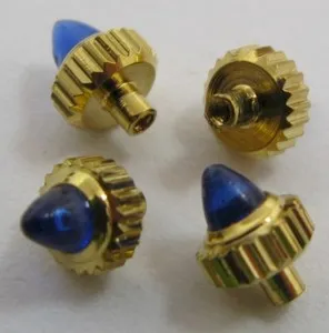 Authentic old stock yellow gold plated Crown with blue cabochon stone diameter 4 mm
