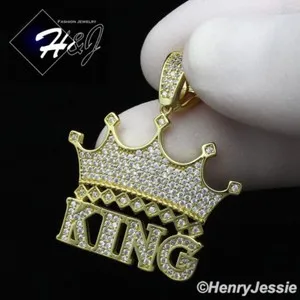 Authentic MEN 925 STERLING SILVER ICY CUBIC ZIRCONIA GOLD PLATED CROWN KING PENDANT*GP208