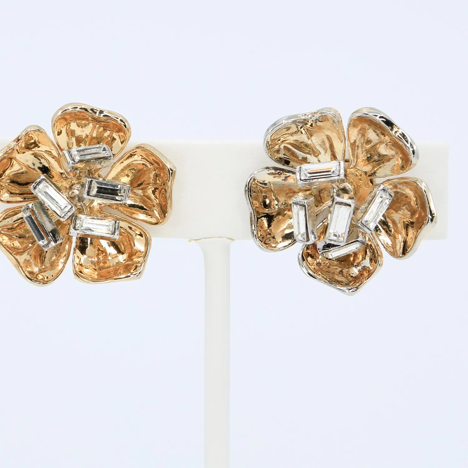 Authentic Vintage Crown Trifari Gold Plated Floral Rhinestones Clip-On Earrings 1950s