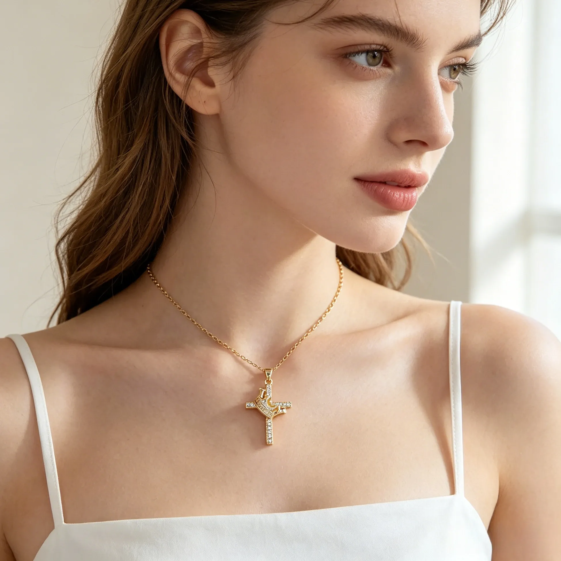 Authentic Gold Paved CZ Crown Cross Pendant Necklace, Dainty Thin Cable Chain, Princess Religious Faith Jewelry, Women Daily Wear Charm Necklace, Birthday Holiday Christian Gift for Teen Girls